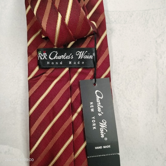 Charles Wain Men's Silk Striped Red and Gold Tie Woven Classic Style TAG Formal - Picture 9 of 10